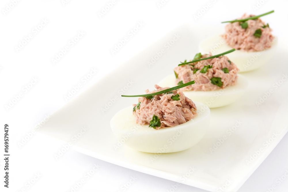Stuffed eggs with tuna isolated on white background
Stuffed eggs with tuna isolated on white background