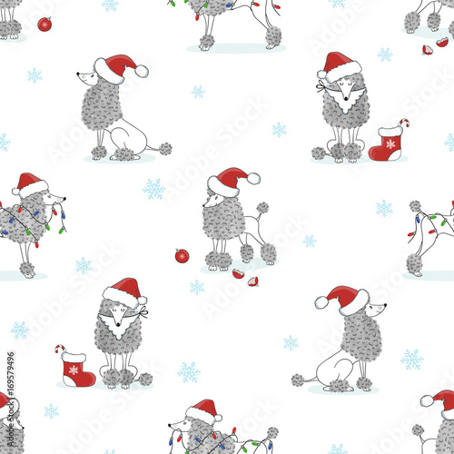 Christmas pattern with cute poodle dogs. Vector holiday background.