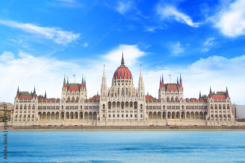 Beautiful view of the Hungarian Parliament on the Danube waterfront in Budapest, Hungary