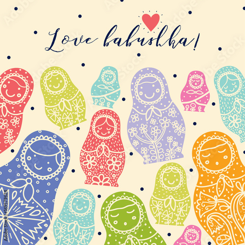 Postcard with matryoshka dolls. Cute babushka.
