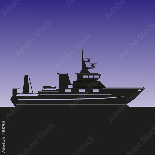 Silhouette of a sea ship against the background of the evening sky. Vector illustration.