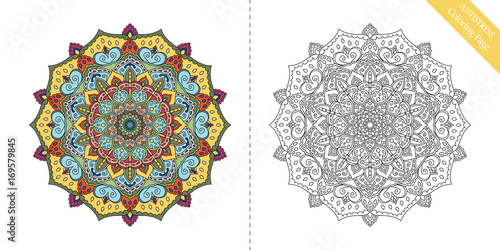 Fototapeta Naklejka Na Ścianę i Meble -  Antistress Coloring Page Mandala Ninth