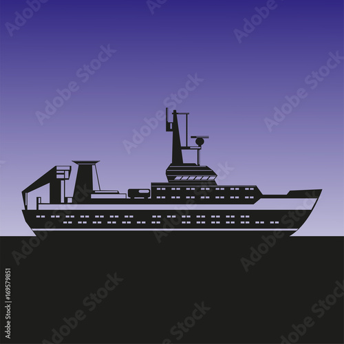 Silhouette of a sea ship against the background of the evening sky. Vector illustration.