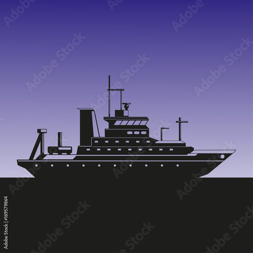 Silhouette of a sea ship against the background of the evening sky. Vector illustration.