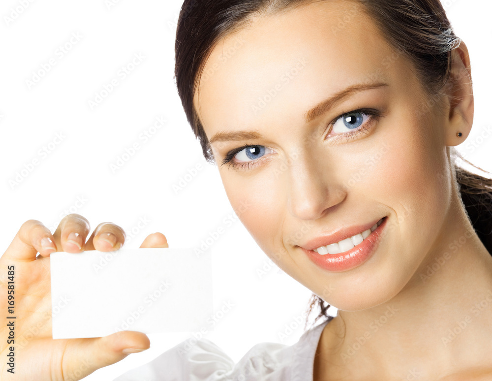 Business woman giving blank business card, isolated Business woman giving blank business card, isolated