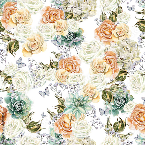 Fototapeta Naklejka Na Ścianę i Meble -  Bright watercolor seamless pattern with flowers roses, succulents and  wildflowers. Illustration
