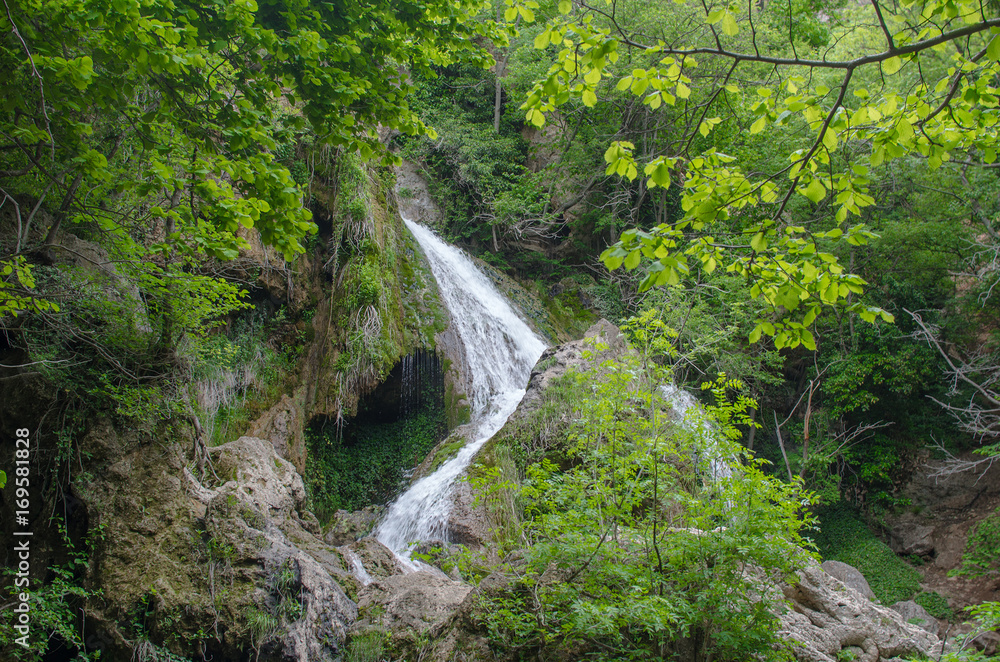 A small waterfall in the forest, flows from the mountains.