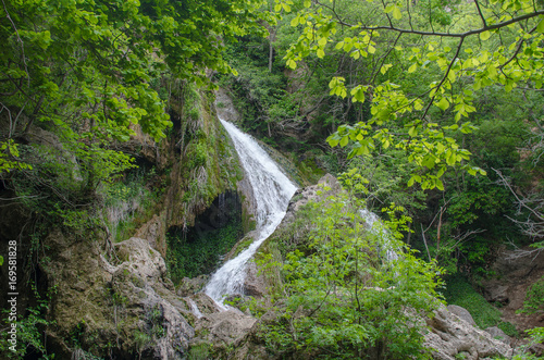 A small waterfall in the forest  flows from the mountains.