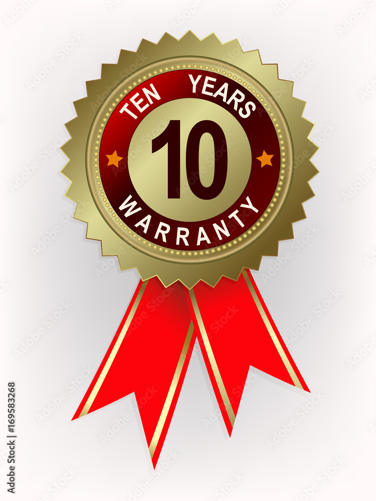 emblem of gold color with red ribbons, ten-year guarantee emblem of gold color with red ribbons, ten-year guarantee