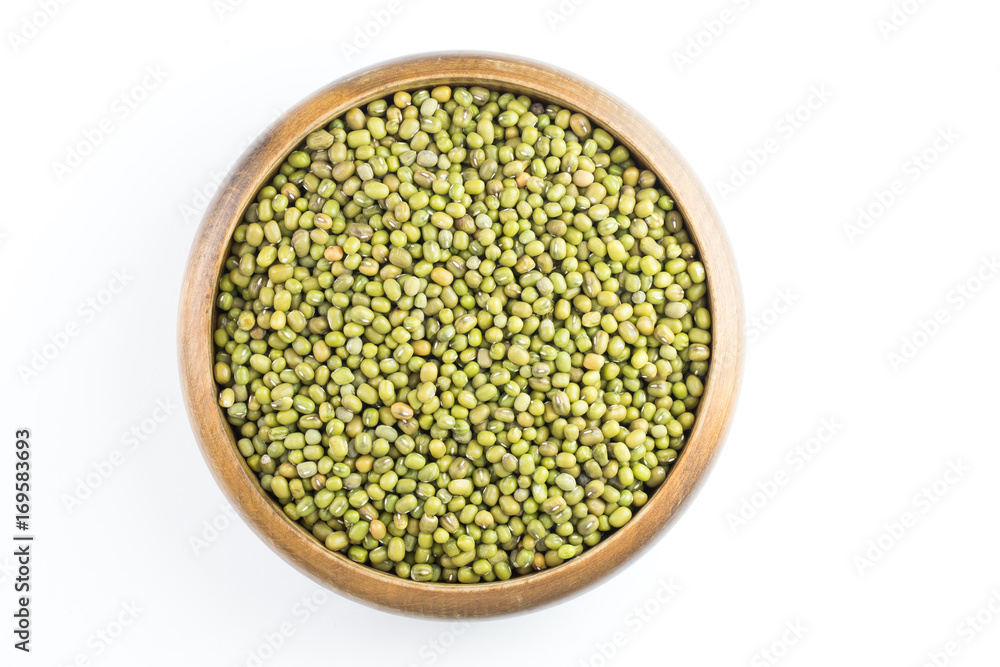 mung bean in wooden bowl isolated on white background ,top view mung bean in wooden bowl isolated on white background ,top view