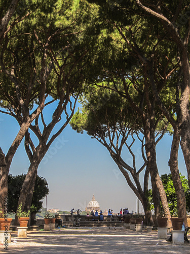 Beautiful view among trees of St. Peter's Basilica at the viewpoint of Giardino degli Aranci at Piazza Pietro D'Illiria (Rome, Italy) photo