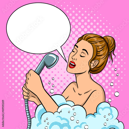 Girl singing in the shower pop art vector