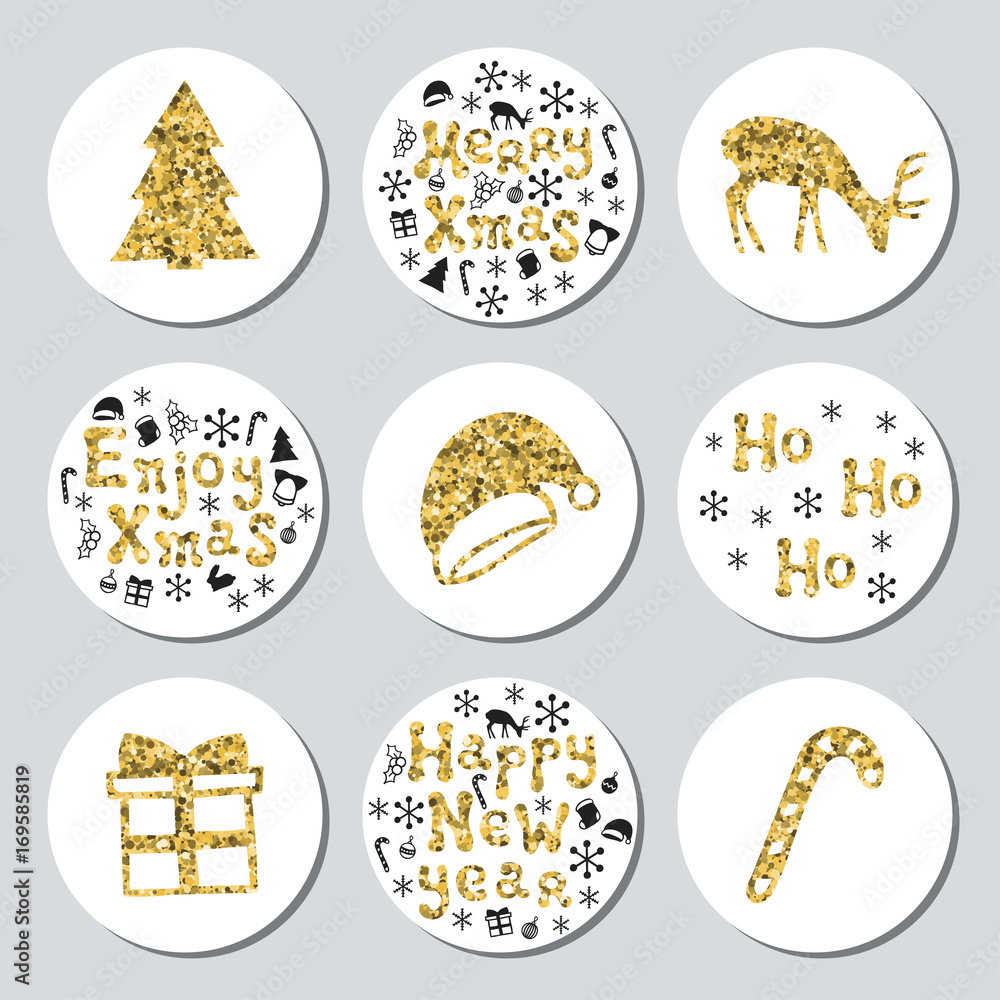 Christmas New Year golden gift round stickers. Labels xmas set. Hand drawn glitter decorative element. Collection of shiny holiday christmas stickers. Vector illustration. Lettering, calligraphy. Christmas New Year golden gift round stickers. Labels xmas set. Hand drawn glitter decorative element. Collection of shiny holiday christmas stickers. Vector illustration. Lettering, calligraphy.