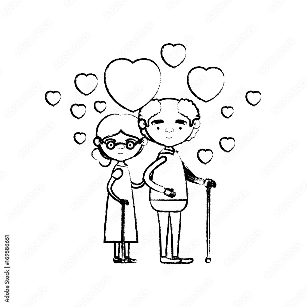 blurred silhouette of caricature full body elderly couple embraced with floating hearts grandfather in walking stick and grandmother with collected hair and glasses blurred silhouette of caricature full body elderly couple embraced with floating hearts grandfather in walking stick and grandmother with collected hair and glasses