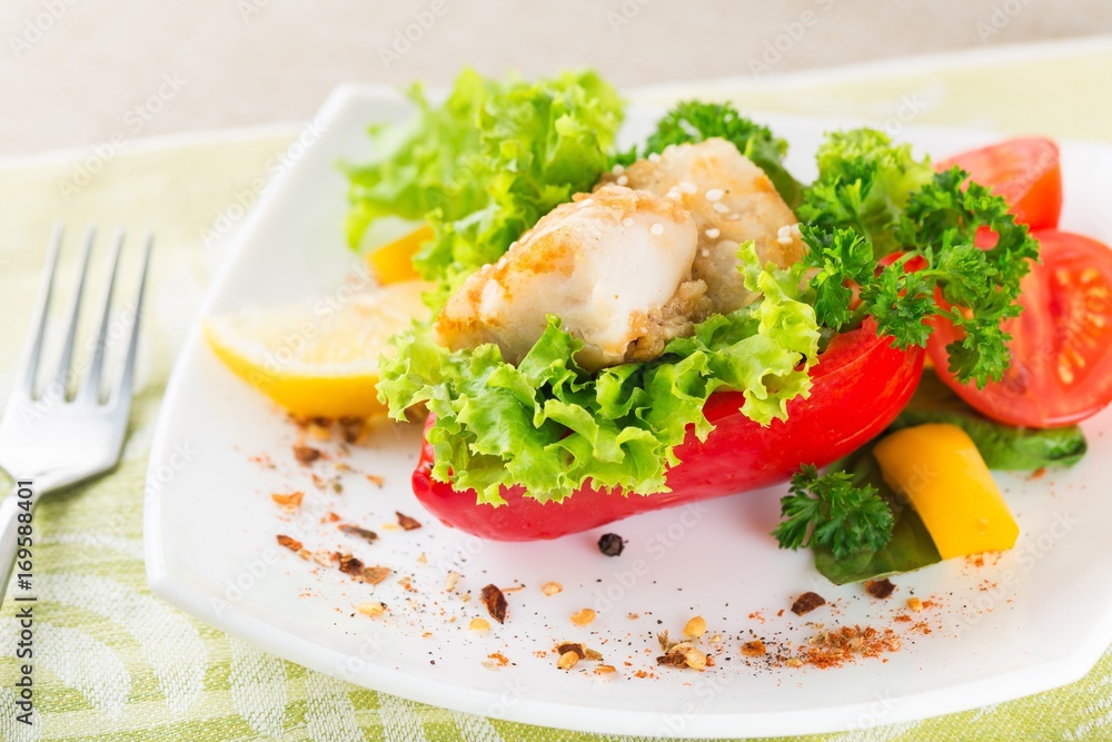 Fried fish with vegetable. Fried fish with vegetable.