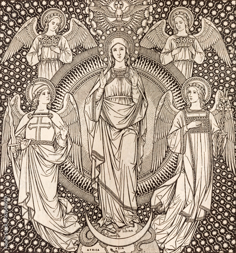 Photography BRATISLAVA, SLOVAKIA, NOVEMBER - 21, 2016: The lithography of The Immaculate conception among the angels by unknown artist F