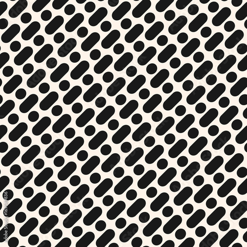 Vector seamless pattern with black diagonal rounded lines, stripes and circles