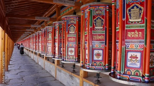 Gansu,China -July 16,2017 : Colorful Tibetan prayer wheels in the Labrang monastery ,Gansu China.