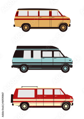 Camper. Full sized conversion van from seventies. Side view. Flat vector.