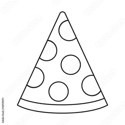 This is a black and white vector line drawing of a slice of pizza.
