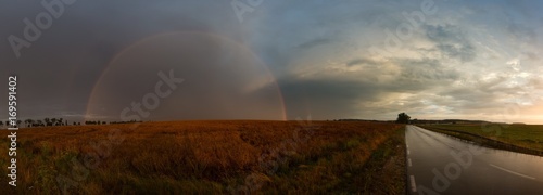 Beautiful rainbow over fields  panoramic landscape