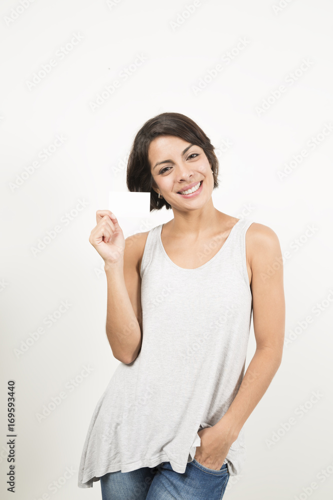 Beautiful Woman  Holding A Business Card
