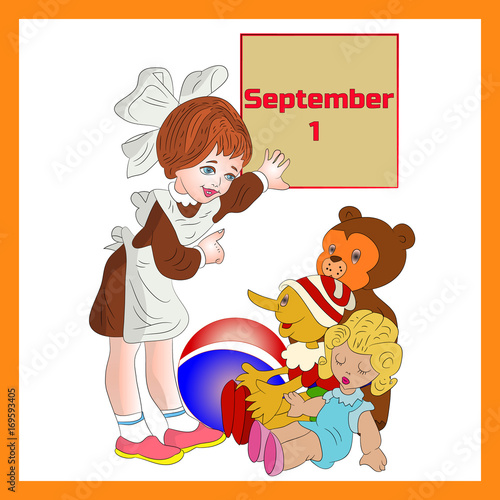 Illustration (September 1st) in frame, girl schoolgirl first class, cartoon on white background.