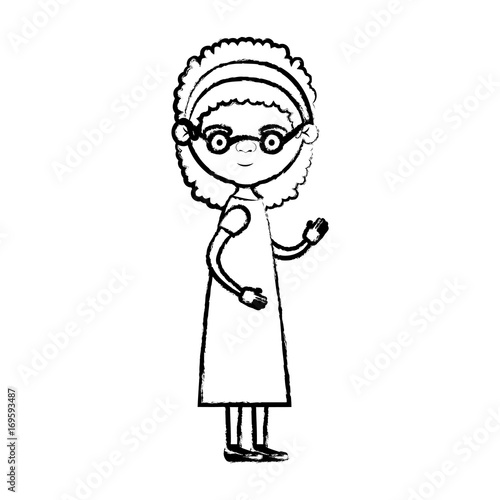 blurred silhouette of full body elderly woman in dress with bow lace and curly hairstyle with glasses