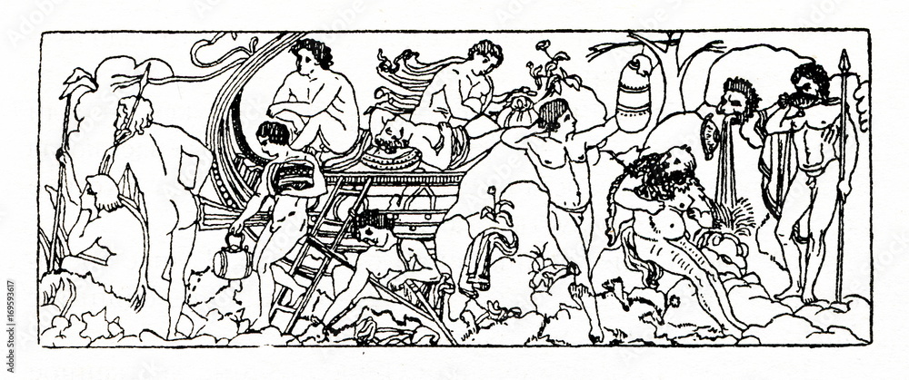 Argonauts resting in Bithynia (Polydeuces trains in the box, sitting Silenus looks at him)