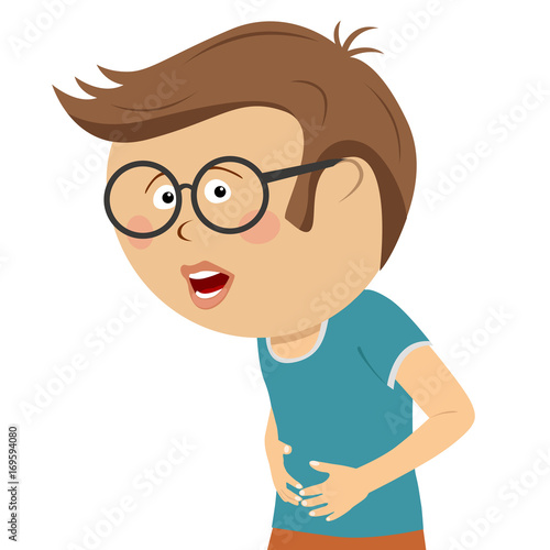 Little nerd boy having stomach ache