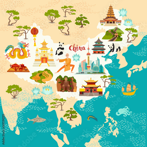 China abstract map, hand drawn vector illustration. Travel illustration of China with landmarks icons, temple, dragon, Shaolin monk, lanterns, pandas and rice fields