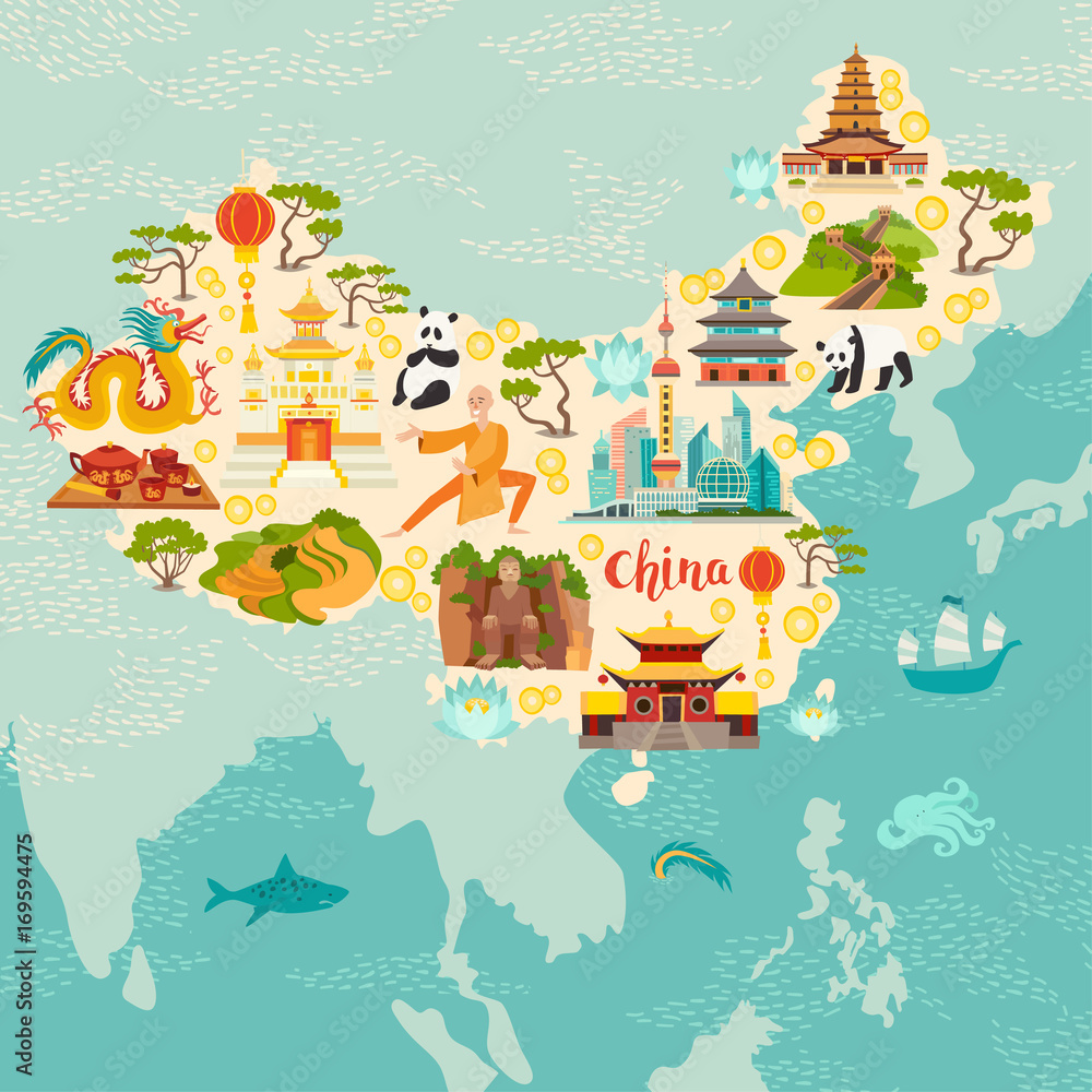 China illustrated map, hand drawn vector illustration for kid and ...