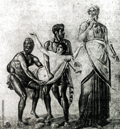 The Sacrifice of Iphigenia - Agamemnon's sacrifice of his daughter Iphigenia (at right - Calchas, at left - Agamemnon, above - Artemis) photo
