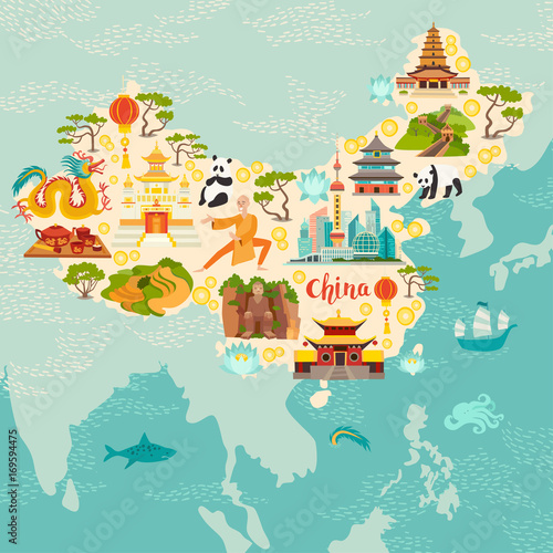 China illustrated map, hand drawn vector illustration for kid and children. Chinese travel landmarks/attraction
