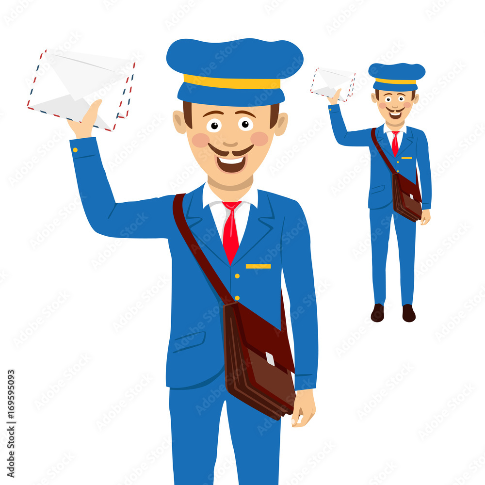 Cheerful postman with bag and letters Cheerful postman with bag and letters