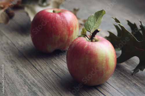 Fall season still life with three apples over rustic wooden background. Copy space, horizontal.