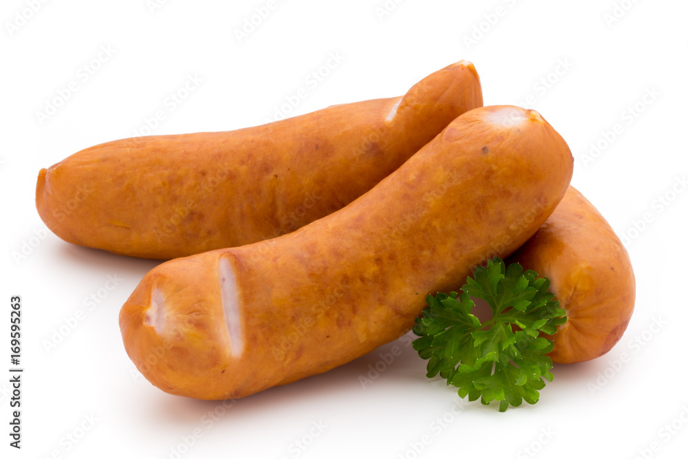 Sausage and spices isolated on white background, fresh delicious frankfurter. Sausage and spices isolated on white background, fresh delicious frankfurter.
