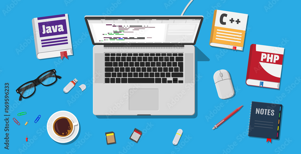 Workplace of programmer or coder. Workplace of programmer or coder.