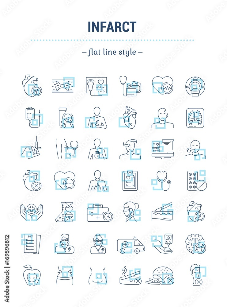 Vector graphic set.Isolated Icons in flat, contour, thin, minimal and linear design. Infarct. Cardiology.Problem, symptom, diagnostic, treatment.Concept illustration for Web site.Sign,symbol, element. Vector graphic set.Isolated Icons in flat, contour, thin, minimal and linear design. Infarct. Cardiology.Problem, symptom, diagnostic, treatment.Concept illustration for Web site.Sign,symbol, element.