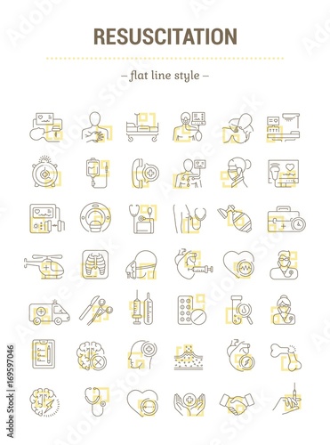 Vector graphic set. Isolated Icons in flat, contour, thin, outline, minimal and linear design. First aid to man. Ambulance. Procedure, equipment. Support patient life.Concept illustration.Sign,symbol.