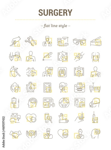 Vector graphic set.Isolated Icons in flat, contour, thin, minimal and linear design.Surgery.Operation.Surgical clinic, center, equipment, instrument, tool.Concept illustration.Sign,symbol, element.