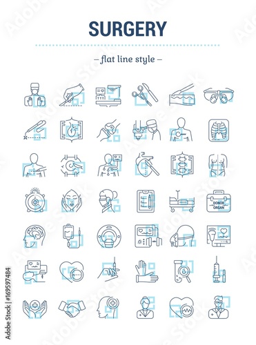 Vector graphic set.Isolated Icons in flat, contour, thin, minimal and linear design.Surgery.Operation.Surgical clinic, center, equipment, instrument, tool.Concept illustration.Sign,symbol, element.