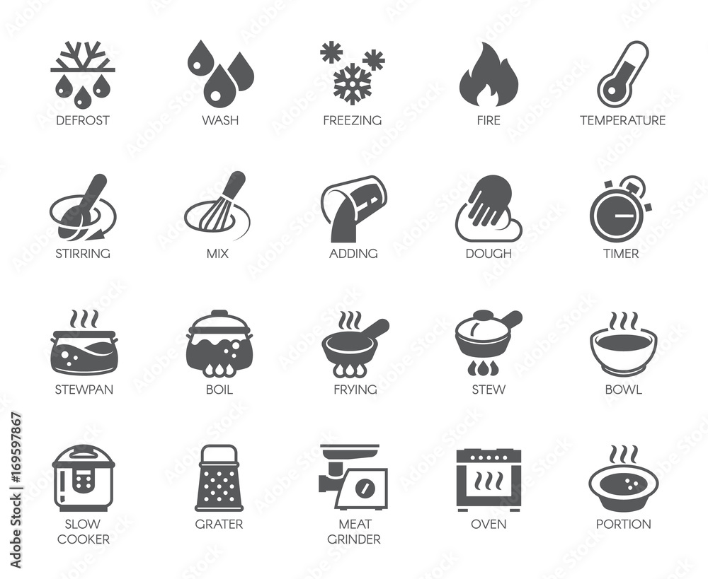Icons set of household appliances, utensils and labels on culinary theme in flat style. Big vector collection of 20 cooking food graphic pictograms isolated on white background