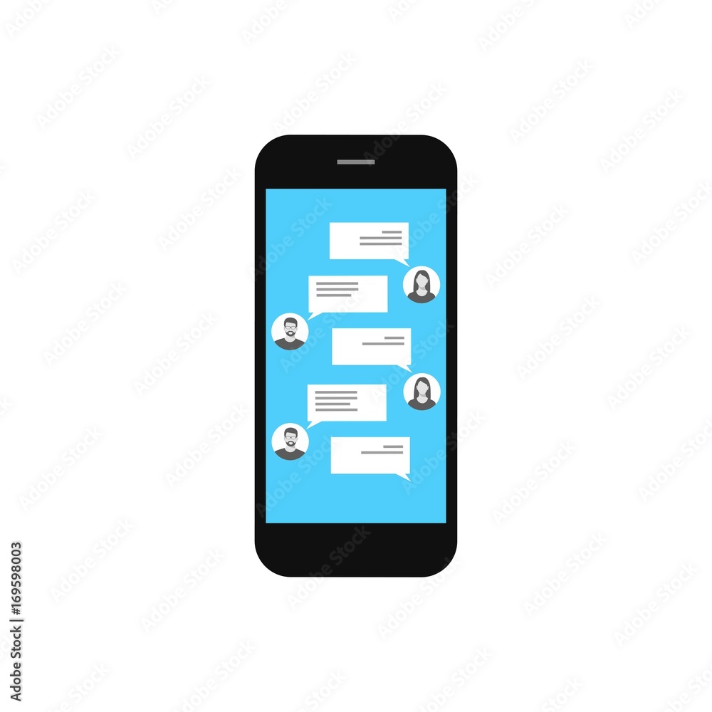 Messaging via mobile phone. Mobile phone on a white background. The concept of communication. Sending messages to friends via instant messaging. Messaging via mobile phone. Mobile phone on a white background. The concept of communication. Sending messages to friends via instant messaging.