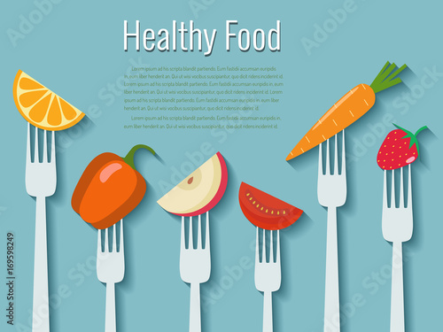 Vegetables and fruits on forks. Healthy food vector illustration.