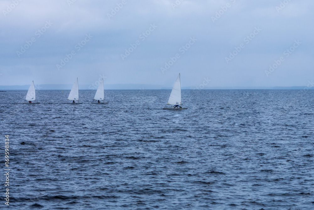 Four sailboats on the sea
