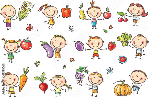 Funny Sketchy Kids with Fruits and Vegetables will illustrate healthy eating or vegetarian food or just enter a kids art style design.