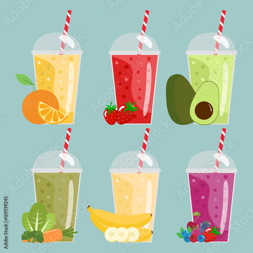 Cartoon smoothies. Orange, strawberry, berry, banana and avocado smoothie. Organic fruit shake. Flat design. Vector illustration. © Svetlana