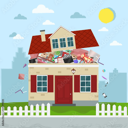 The concept of excessive  consumerism. House bursting of stuff. Vector illustration.