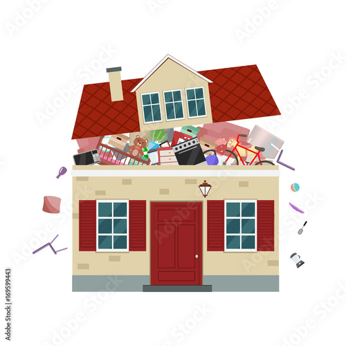 The concept of excessive  consumerism. House bursting of stuff. Vector illustration.